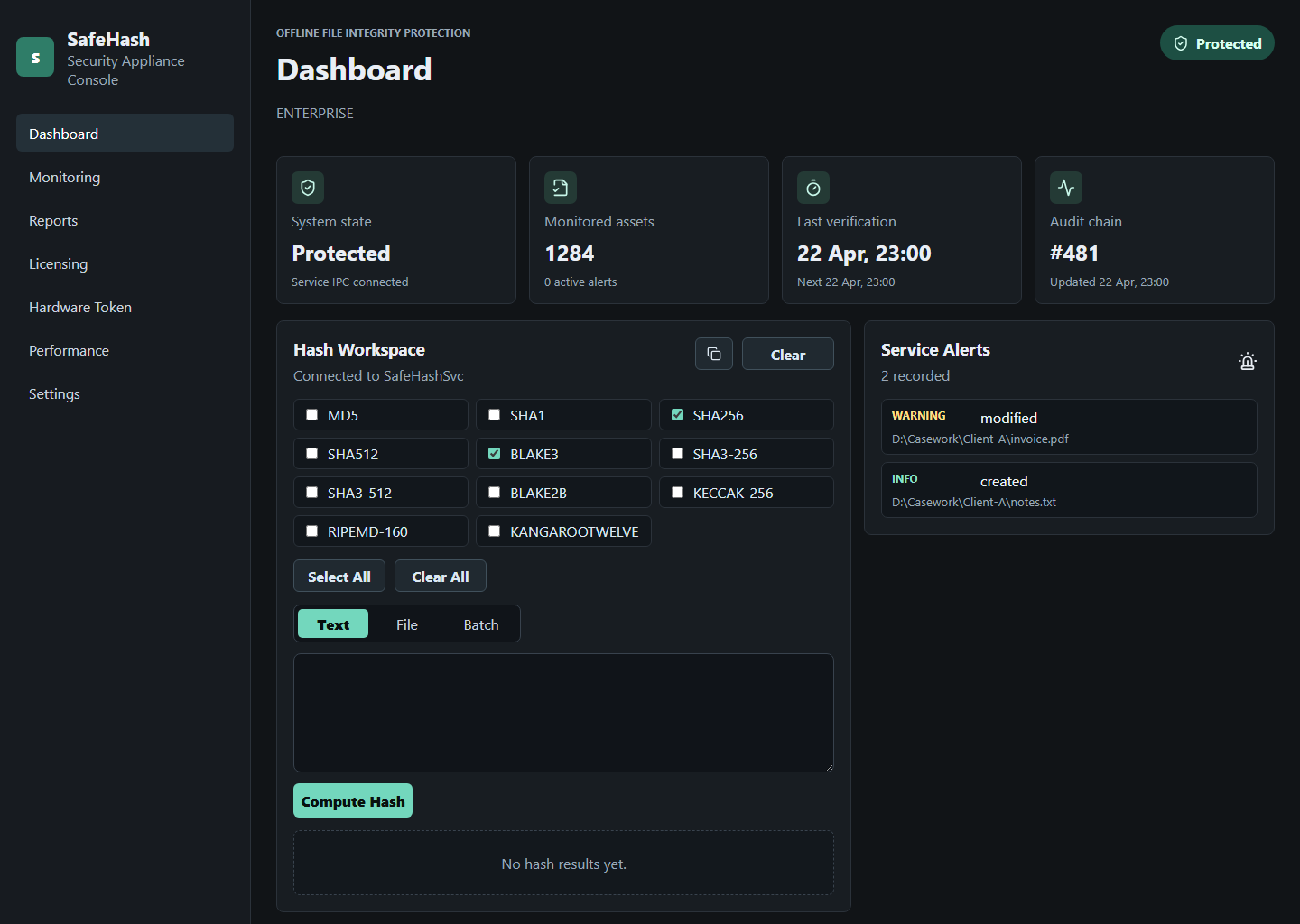 SafeHash dashboard