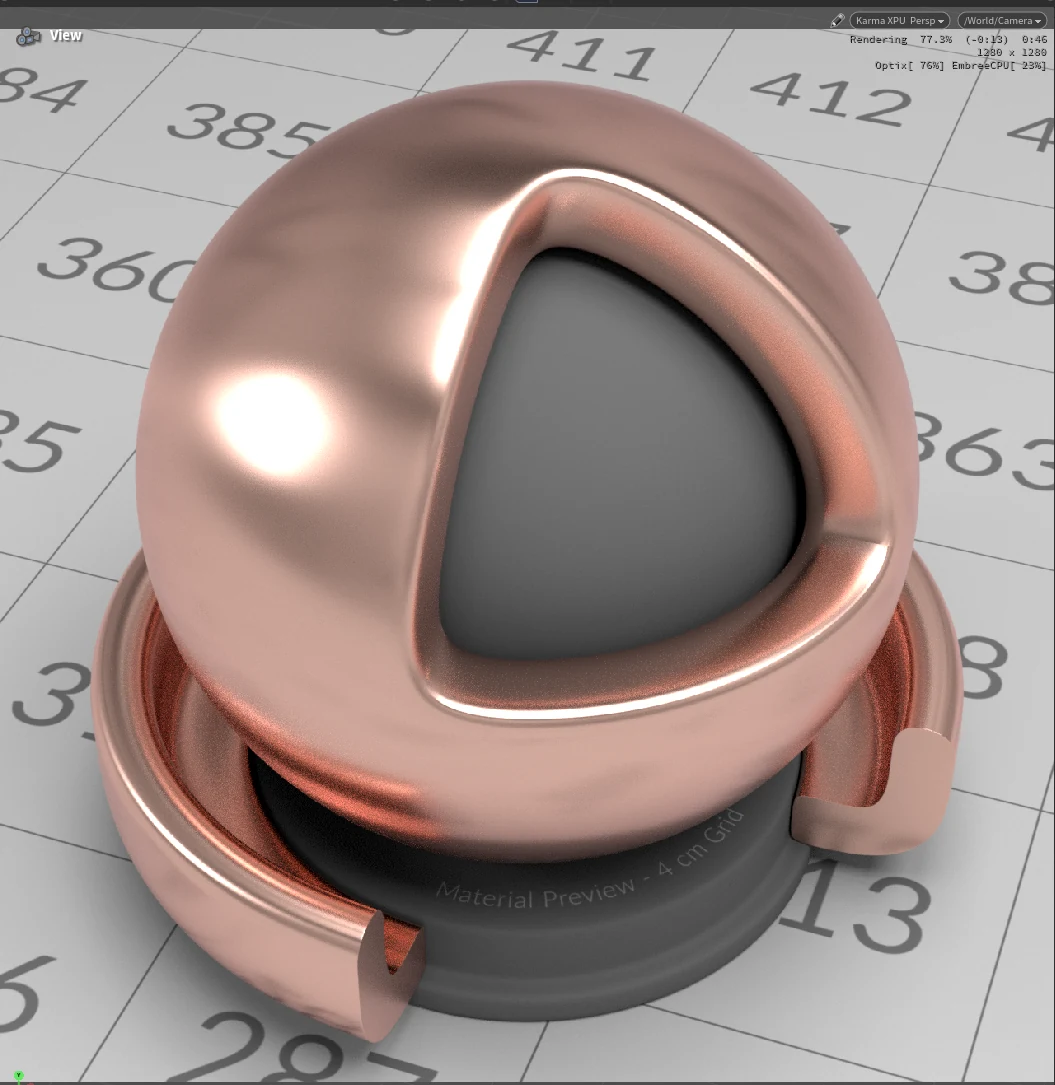 Rose-gold brushed metal shader ball rendered in Karma