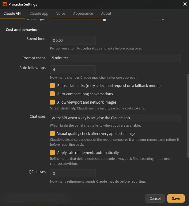 Procedra settings: spend limit, prompt cache, follow-ups, images and visual quality check options