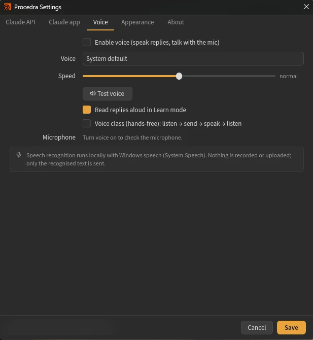Procedra settings: voice replies, speed, read aloud in Learning mode and hands-free voice class