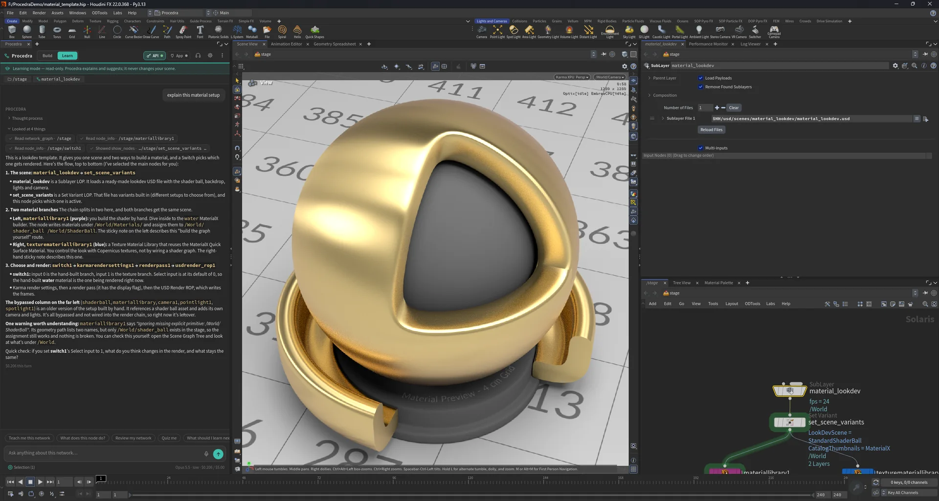 The Procedra workspace in Learning mode beside the Karma viewport and the network