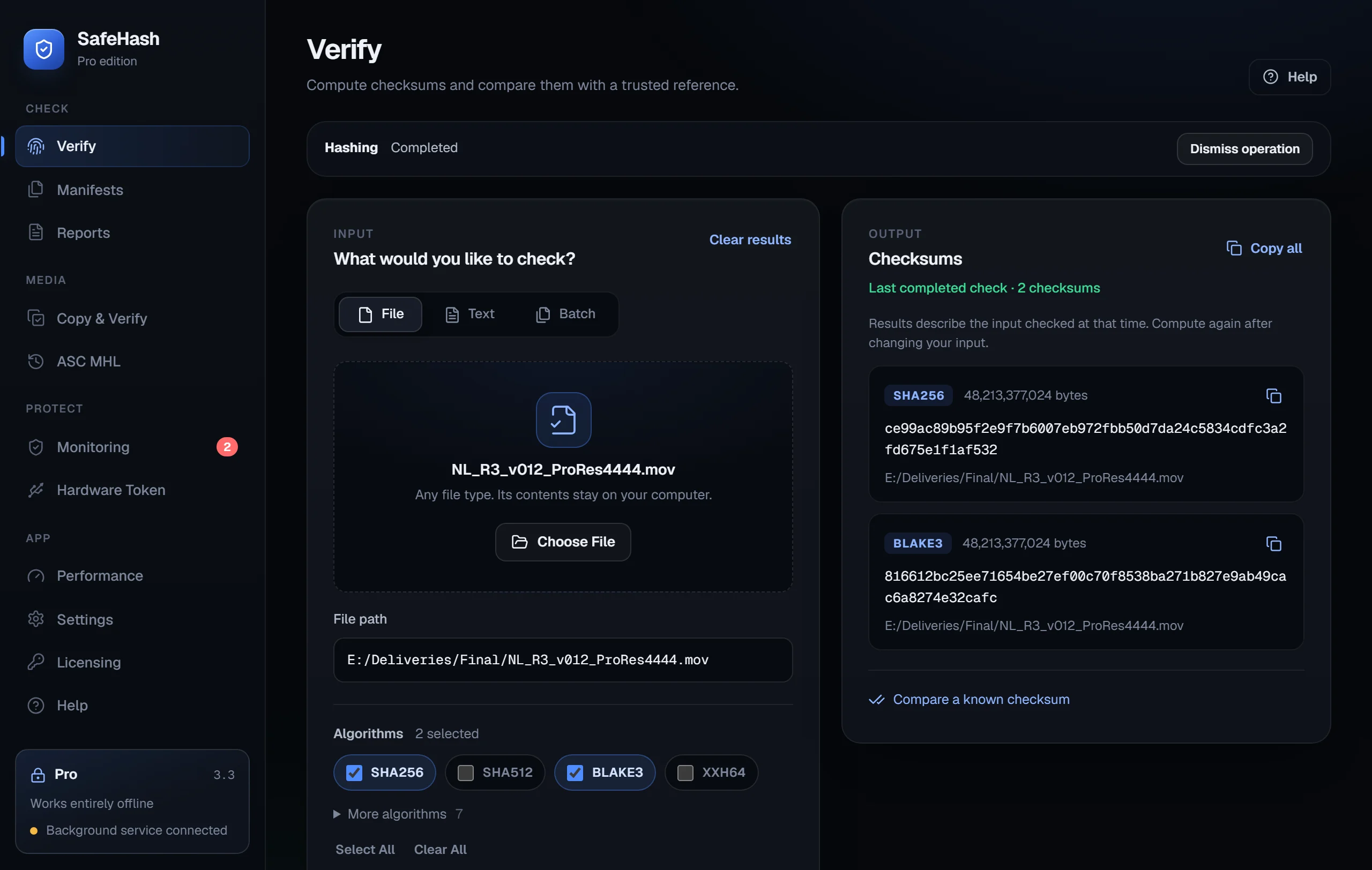Verify screen with a video file selected and its SHA-256 and BLAKE3 checksums